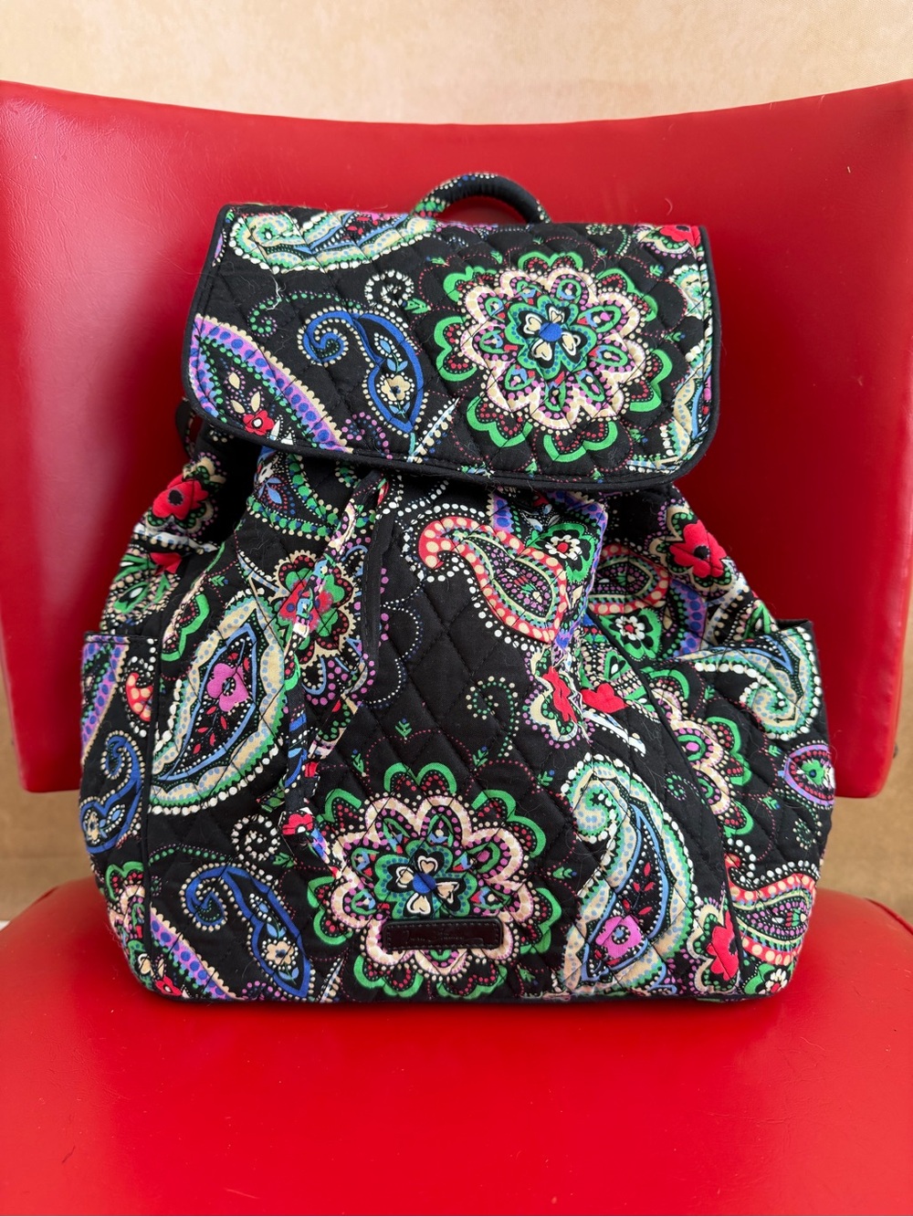 Vera Bradley Black Quilted Backpack with Multicolor Paisley